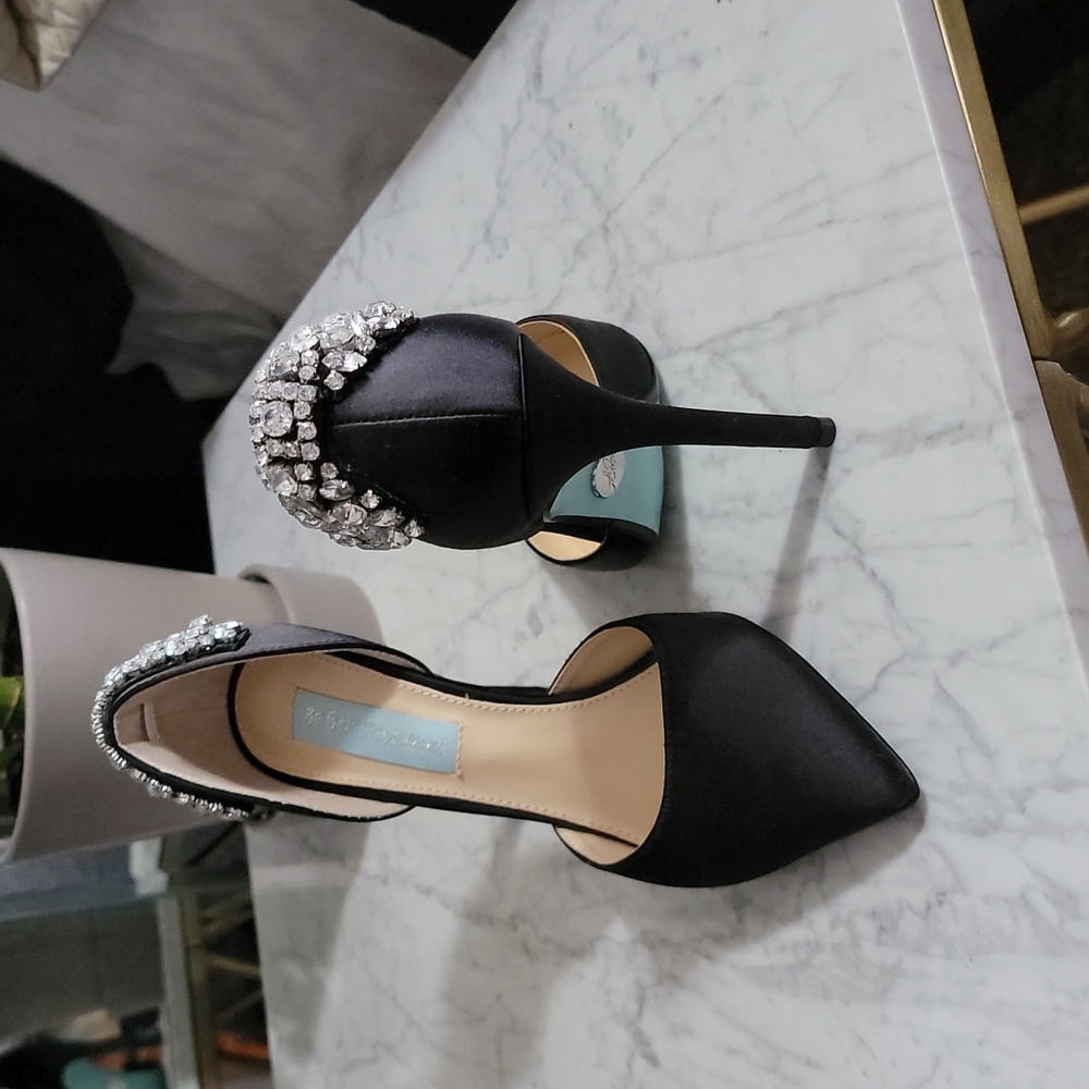 Betsey Johnson blue label rosie black satin jewel heels